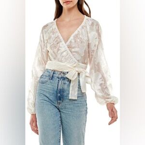 WAYF Cream Floral V-Neck Wrap Blouse Neutral Casual Bohemian Boho Summer XL